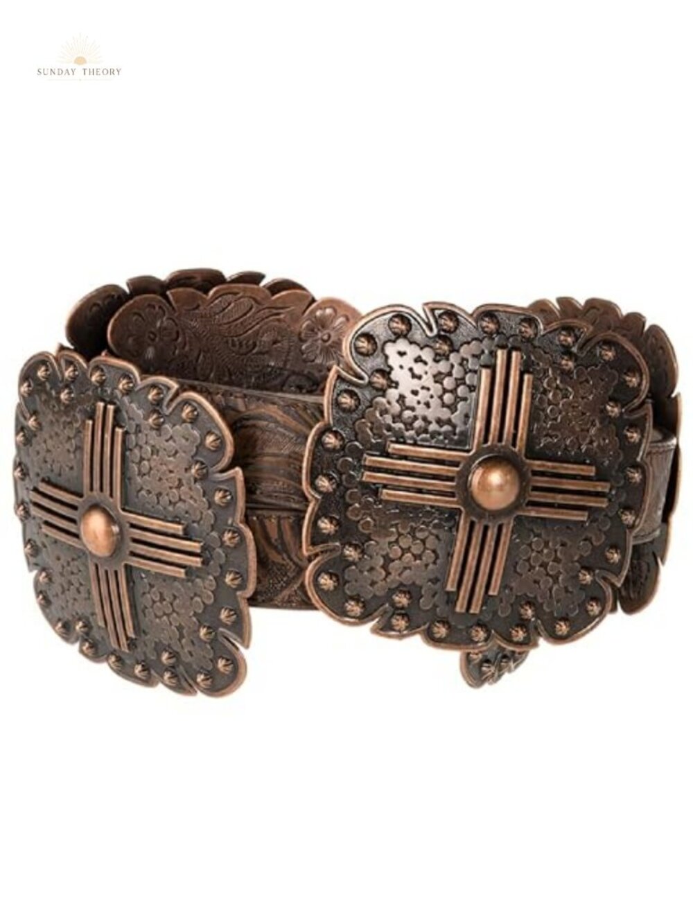 Genuine Leather Floral Embossed Western Belt with Conchos Removable Buckle